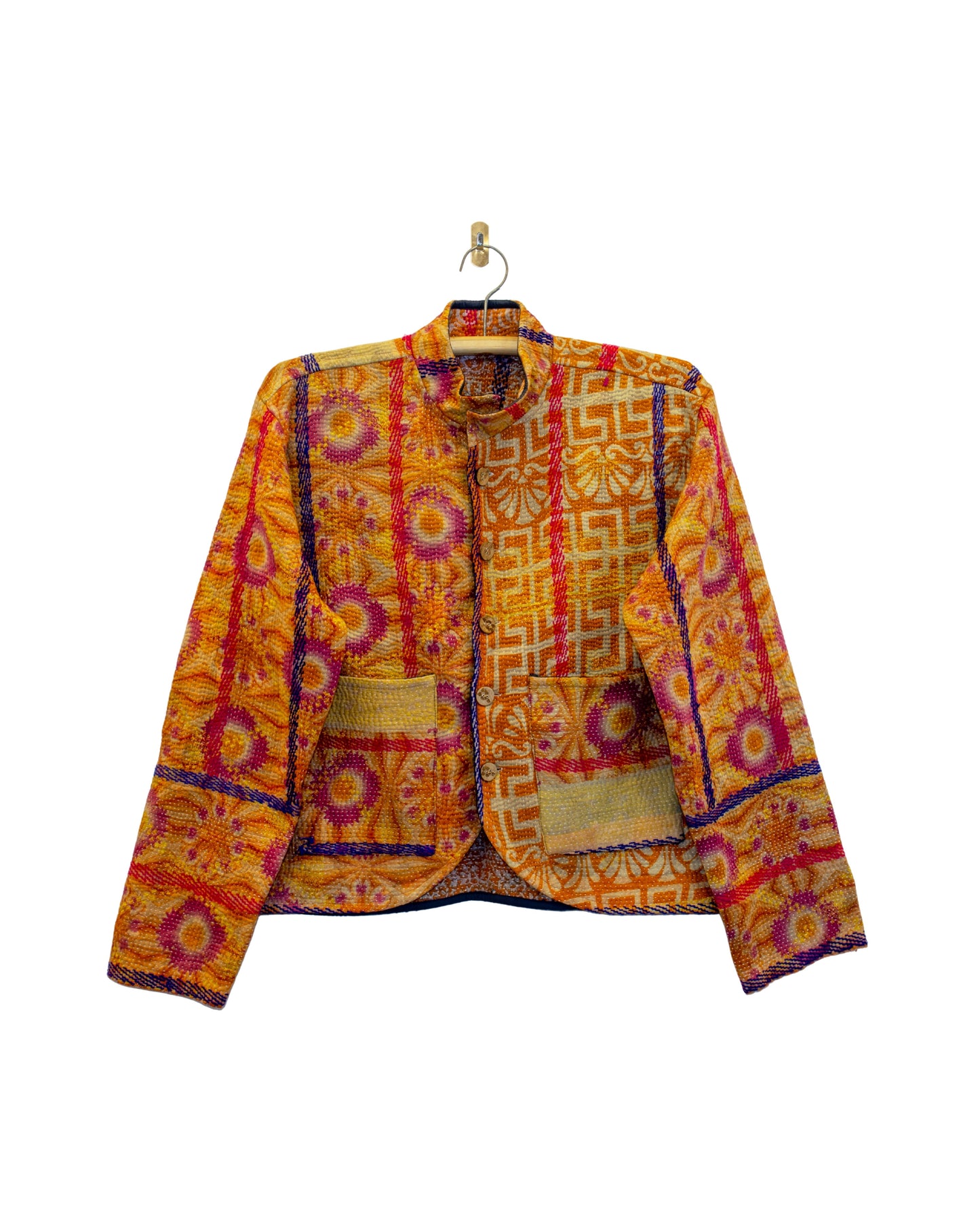 One-Of -A -Kind Reversible Hand Quilted Jacket- Short Stand Collar Style