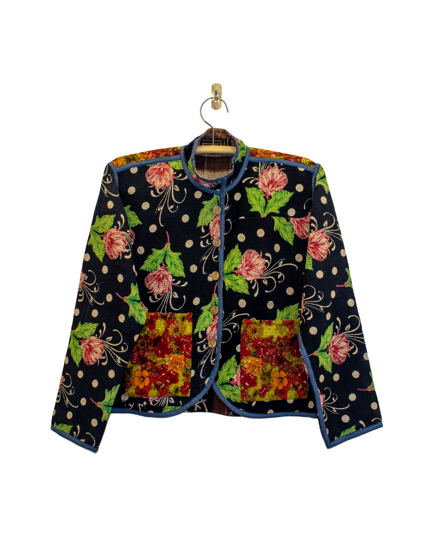 One-Of -A -Kind Reversible Hand Quilted Jacket- Short Stand Collar Style