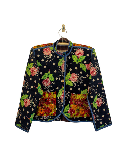 One-Of -A -Kind Reversible Hand Quilted Jacket- Short Stand Collar Style