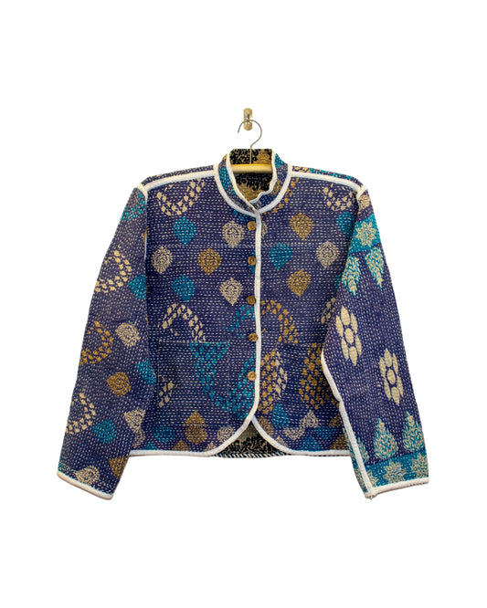 One-Of -A -Kind Reversible Hand Quilted Jacket- Short Stand Collar Style