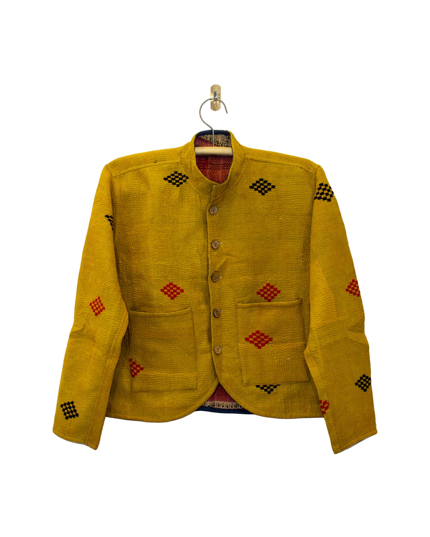 One-Of -A -Kind Reversible Hand Quilted Jacket- Short Stand Collar Style