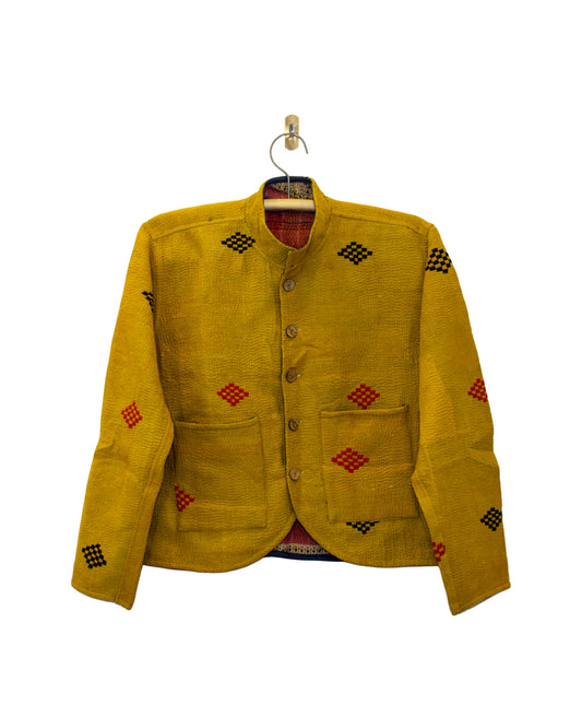 One-Of -A -Kind Reversible Hand Quilted Jacket- Short Stand Collar Style