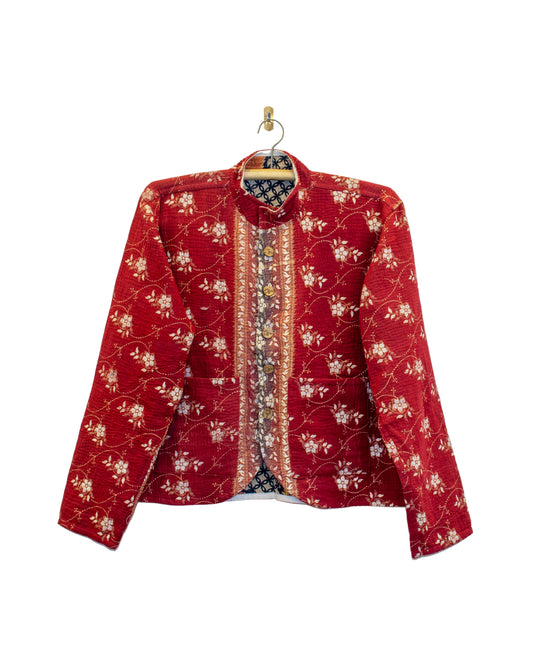 One-Of -A -Kind Reversible Hand Quilted Jacket- Short Stand Collar Style