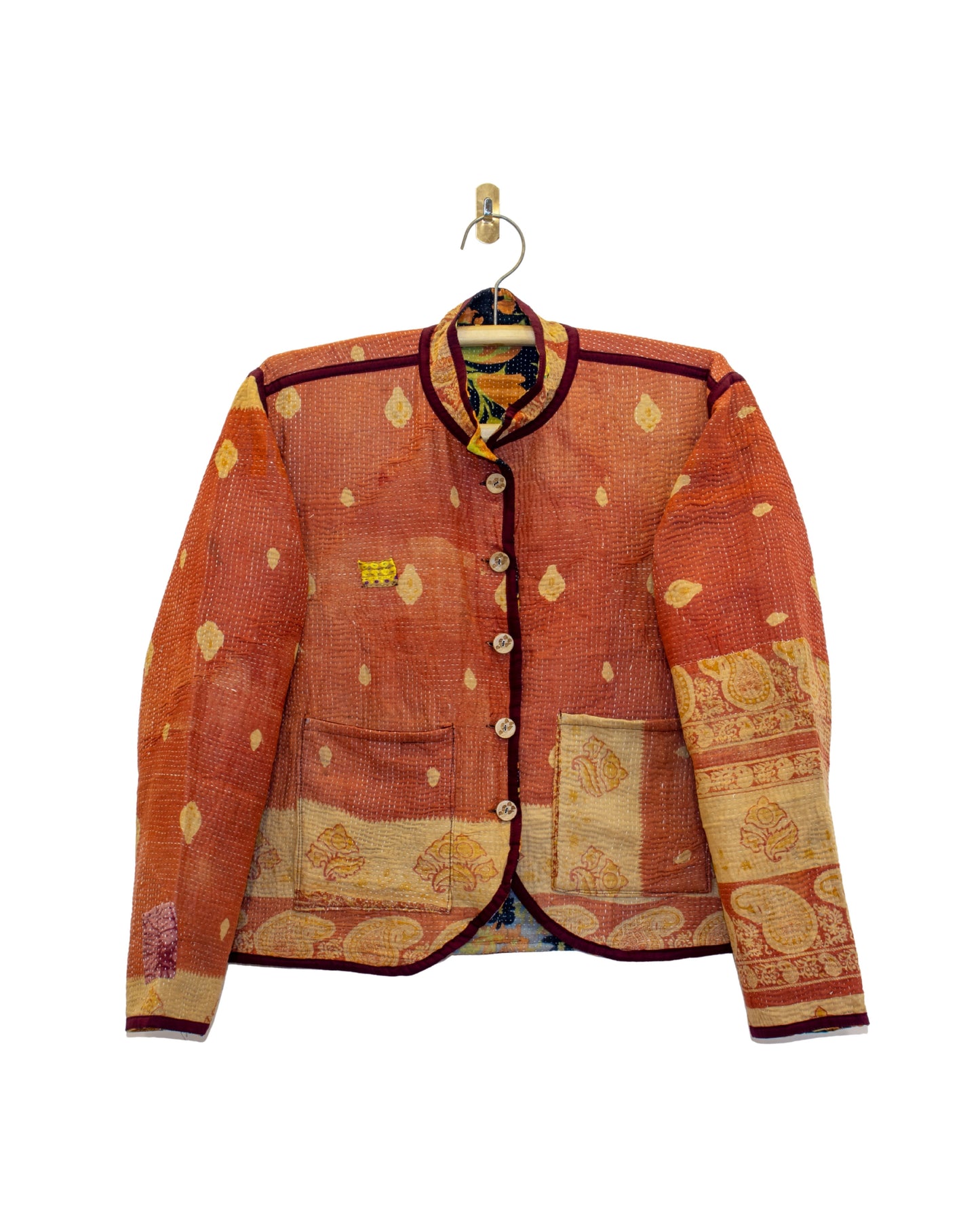 One-Of -A -Kind Reversible Hand Quilted Jacket- Short Stand Collar Style