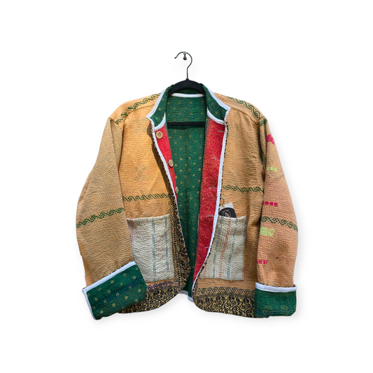 One-Of -A -Kind Reversible Hand Quilted Jacket- Short Stand Collar Style