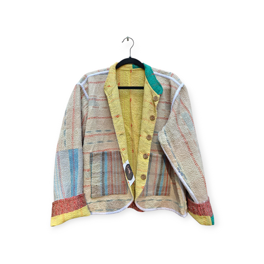 One-Of -A -Kind Reversible Hand Quilted Jacket- Short Stand Collar Style