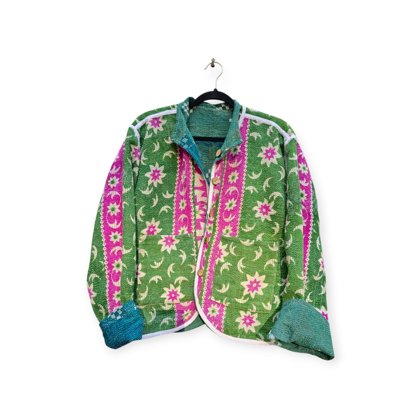 One-Of -A -Kind Reversible Hand Quilted Jacket- Short Stand Collar Style