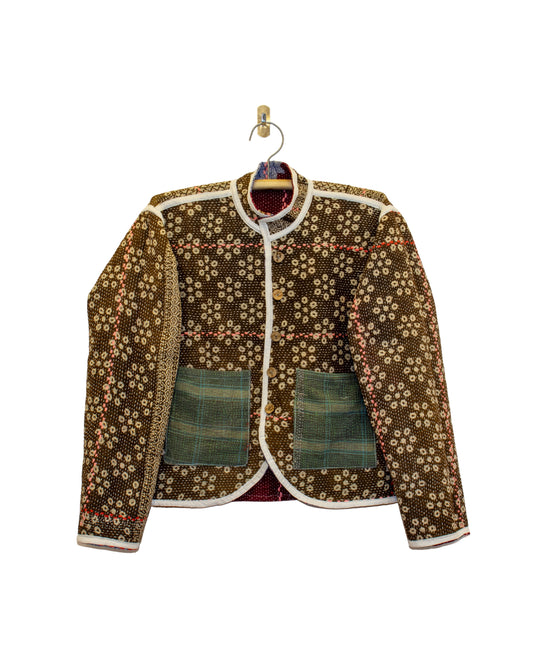 One-Of -A -Kind Reversible Hand Quilted Jacket- Short Stand Collar Style