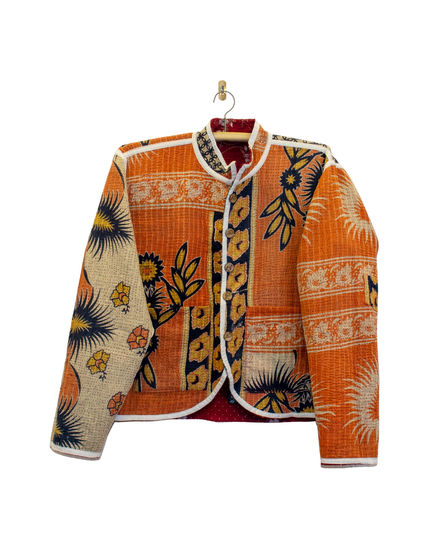 One-Of -A -Kind Reversible Hand Quilted Jacket- Short Stand Collar Style