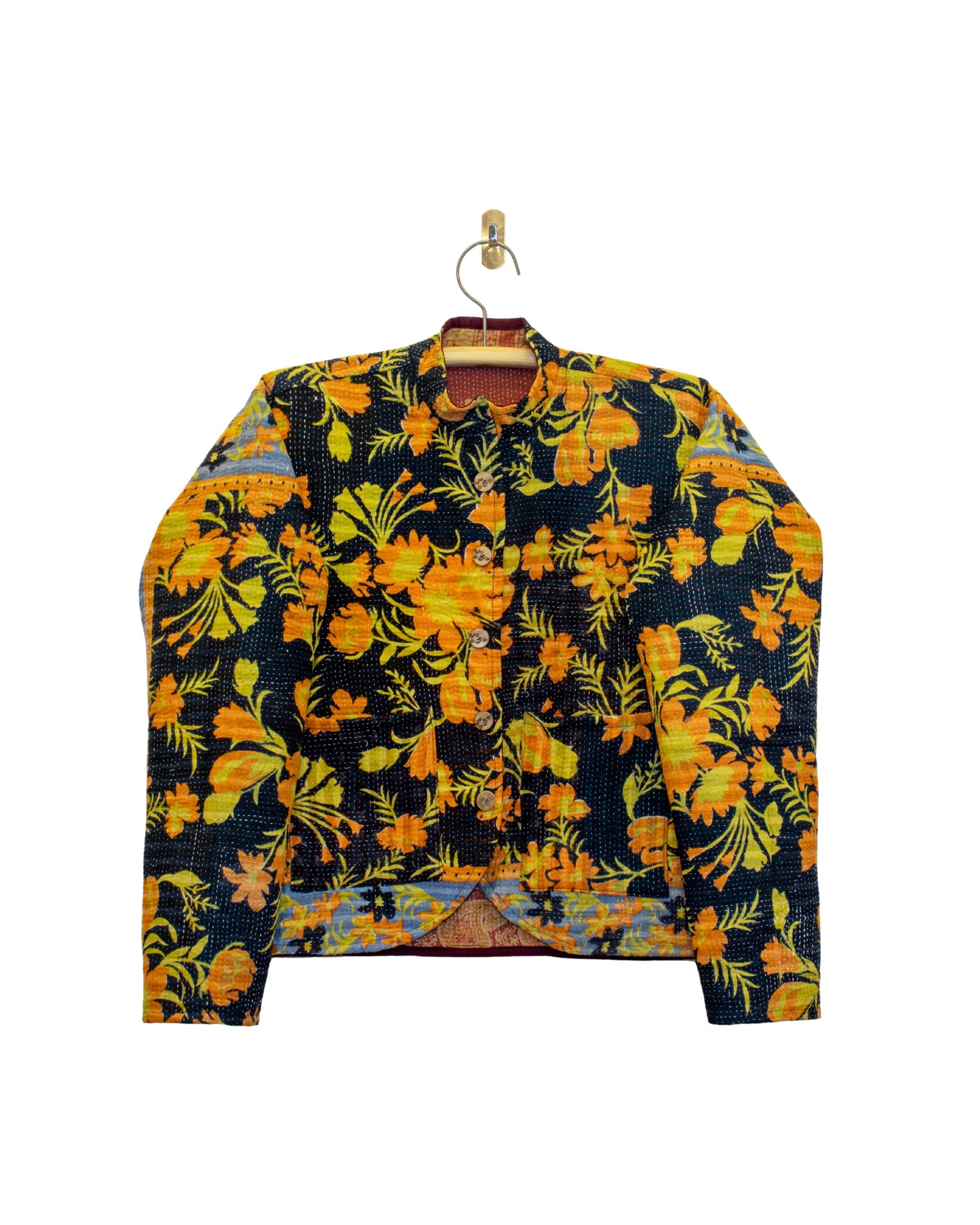 One-Of -A -Kind Reversible Hand Quilted Jacket- Short Stand Collar Style