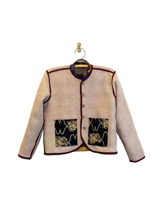 One-Of -A -Kind Reversible Hand Quilted Jacket- Short Stand Collar Style