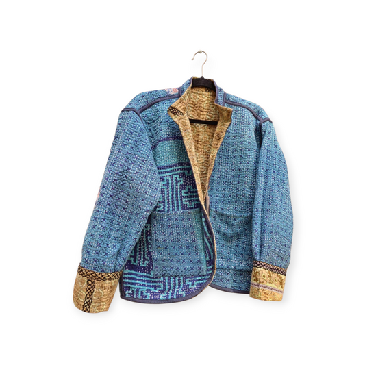 One-Of -A -Kind Reversible Hand Quilted Jacket- Short Stand Collar Style