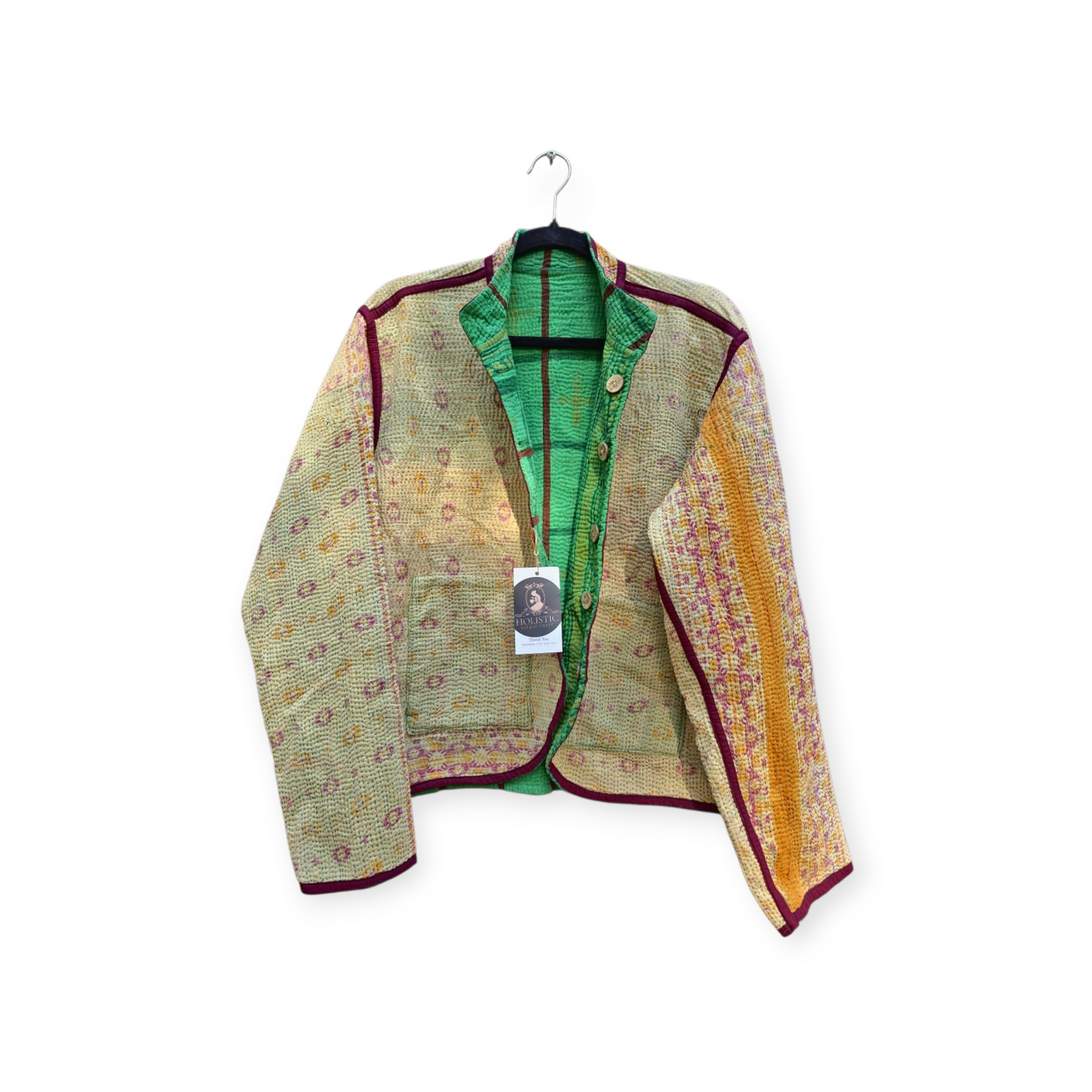 One-Of -A -Kind Reversible Hand Quilted Jacket- Short Stand Collar Style