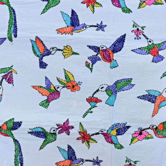 Hummingbird Feeding on Flower Nectar Hand Embroidered Kantha Tapestry