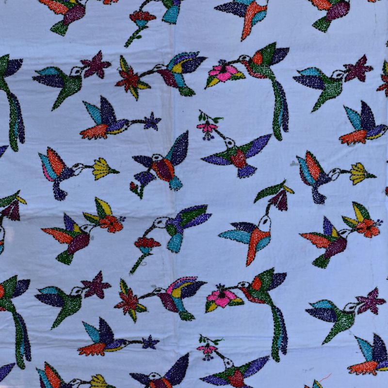 Hummingbird Feeding on Flower Nectar Hand Embroidered Tapestry