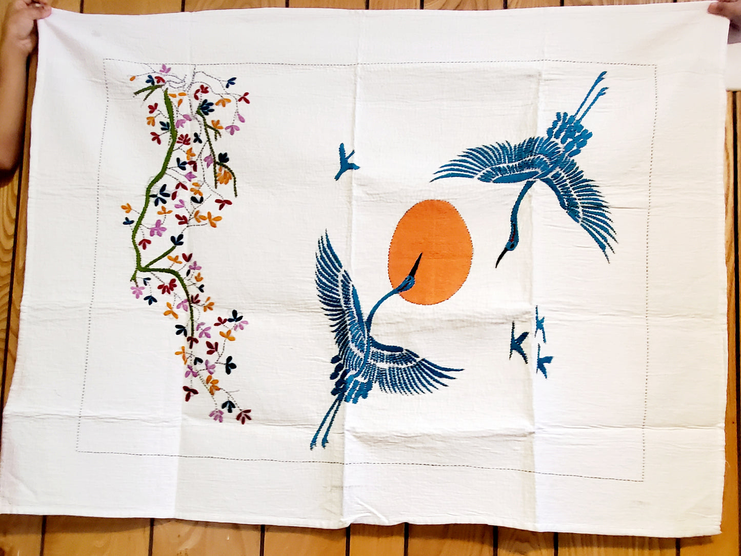 Hand Embroidered Kantha Japanese Crane Tapestry