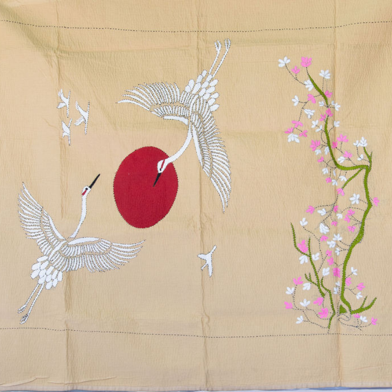 Hand Embroidered Kantha Japanese Crane Tapestry
