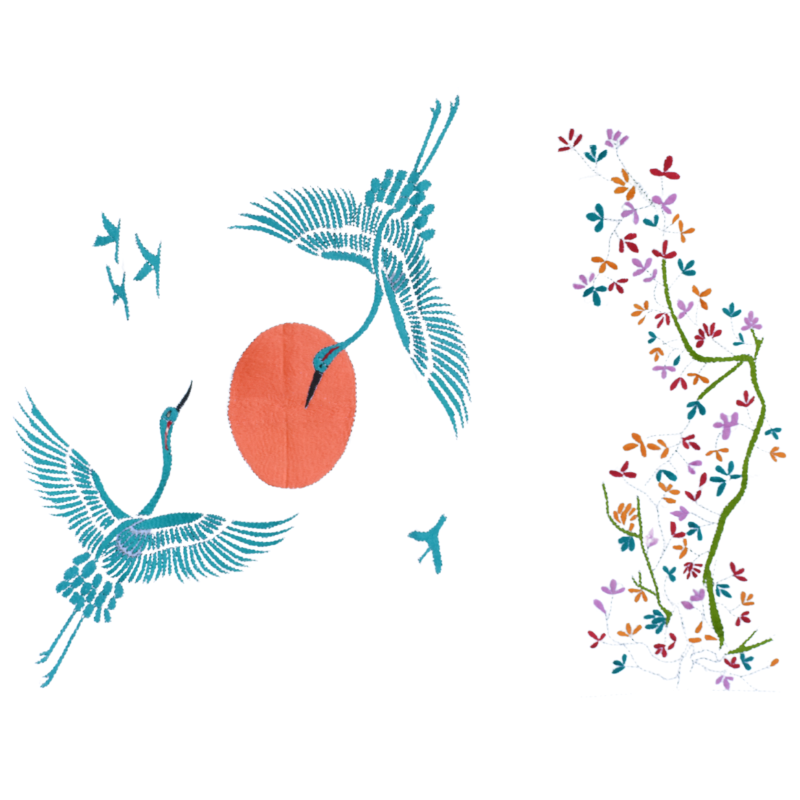 Hand Embroidered Kantha Japanese Crane Tapestry