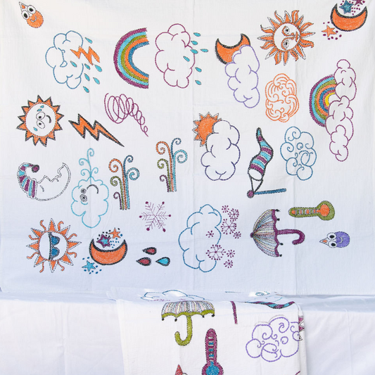 Doodle Weather Hand Embroidered Kantha Quilt Art Tapestry