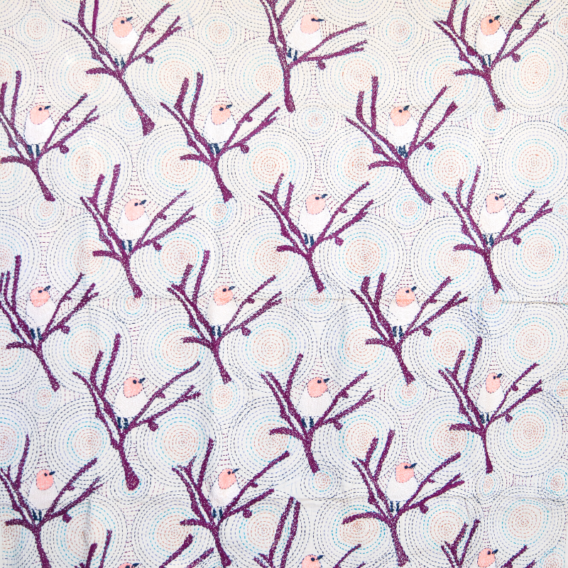 Hand Embroidered Kantha Chickadee Quilted Art Tapestry