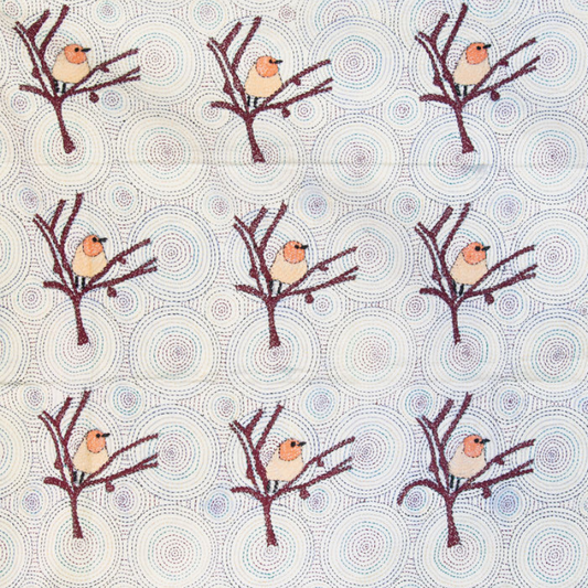 Hand Embroidered Kantha Chickadee Quilted Art Tapestry