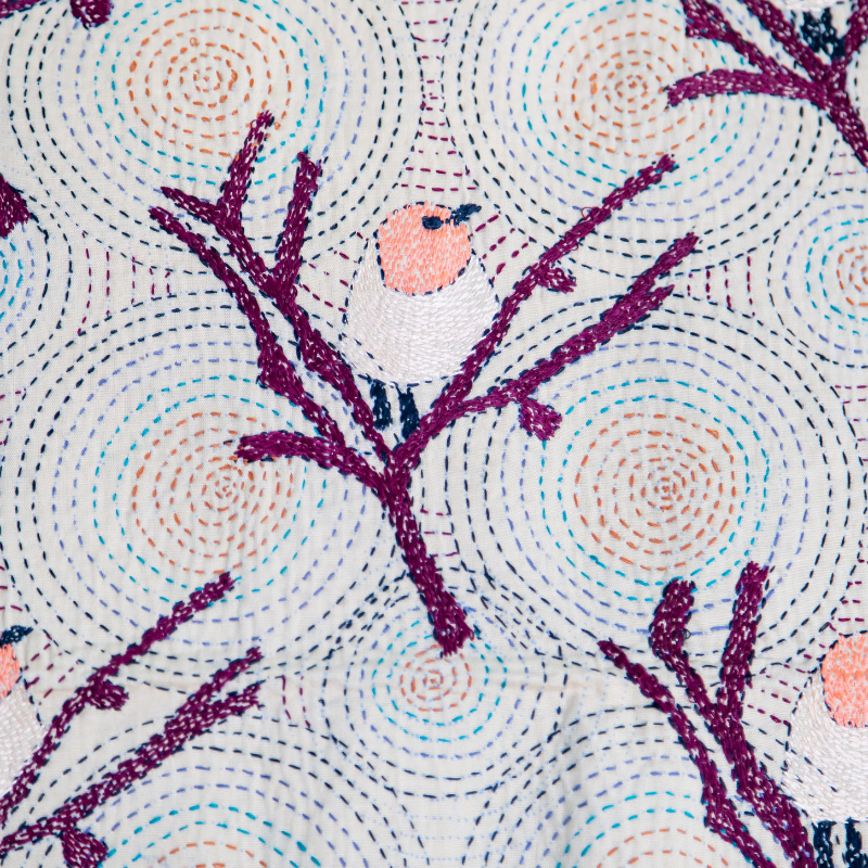 Hand Embroidered Kantha Chickadee Quilted Art Tapestry