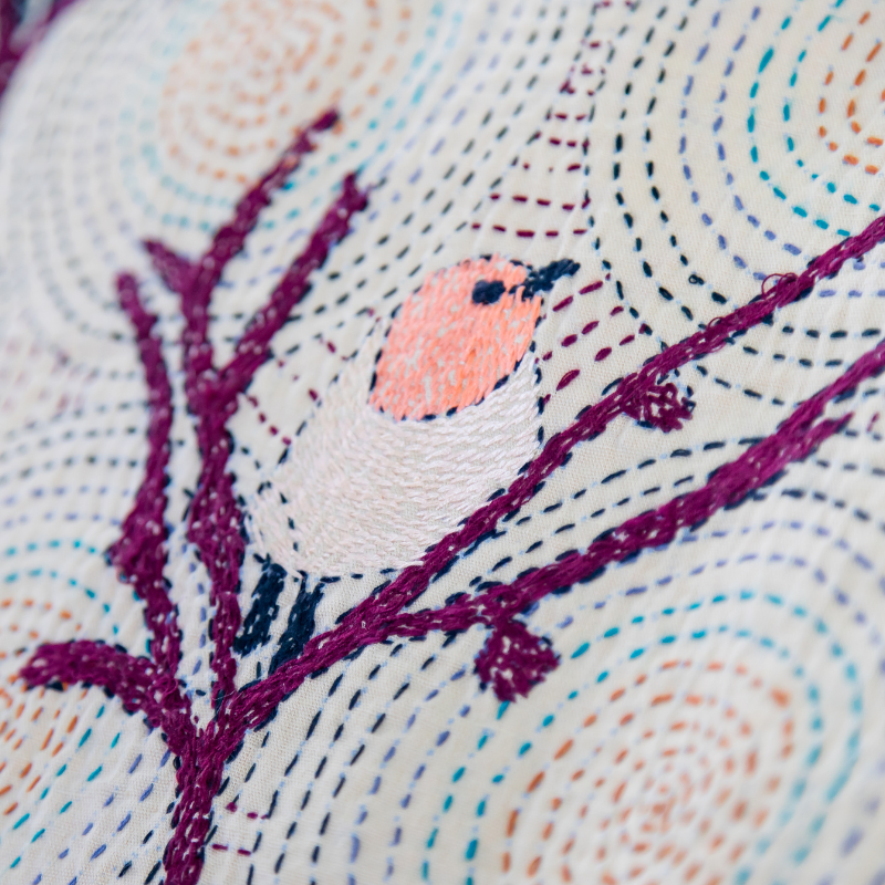 Hand Embroidered Kantha Chickadee Quilted Art Tapestry