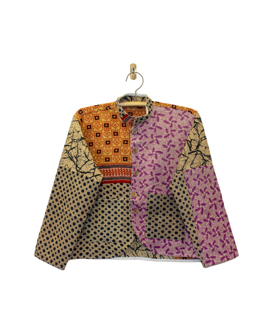 One-Of -A -Kind Reversible Hand Quilted Jacket- Short Stand Collar Style