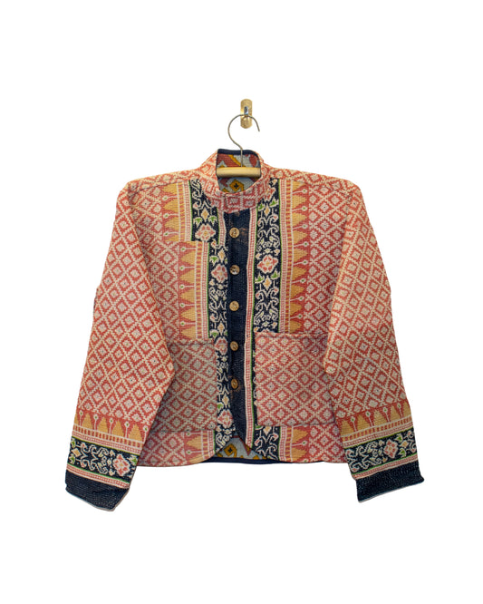 One-Of -A -Kind Reversible Hand Quilted Jacket- Short Stand Collar Style