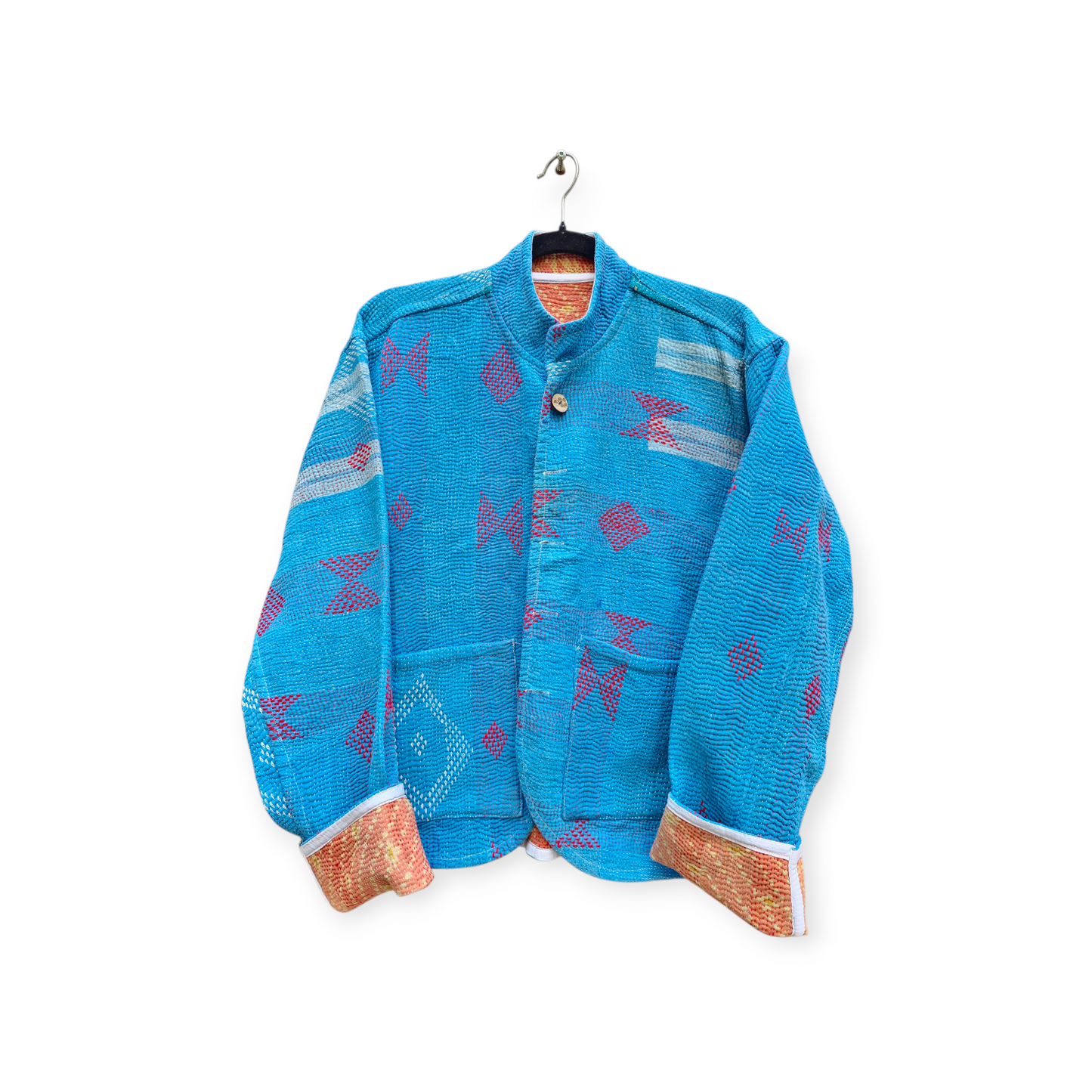 One-Of -A -Kind Reversible Hand Quilted Jacket- Short Stand Collar Style