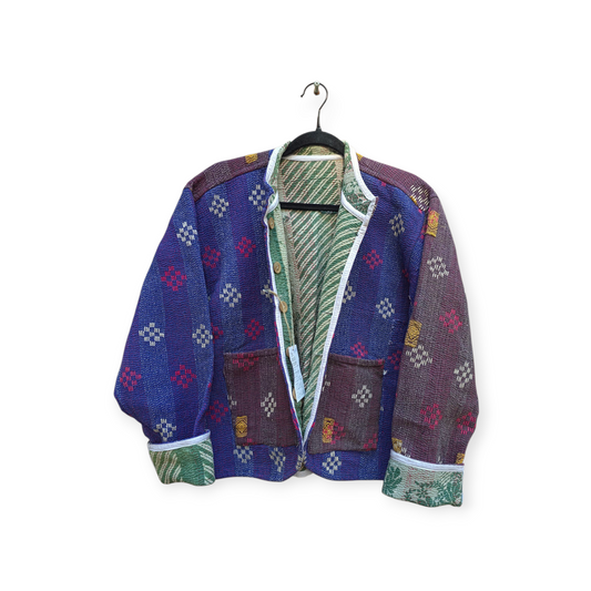 One-Of -A -Kind Reversible Hand Quilted Jacket- Short Stand Collar Style