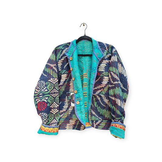 One-Of -A -Kind Reversible Hand Quilted Jacket- Short Stand Collar Style