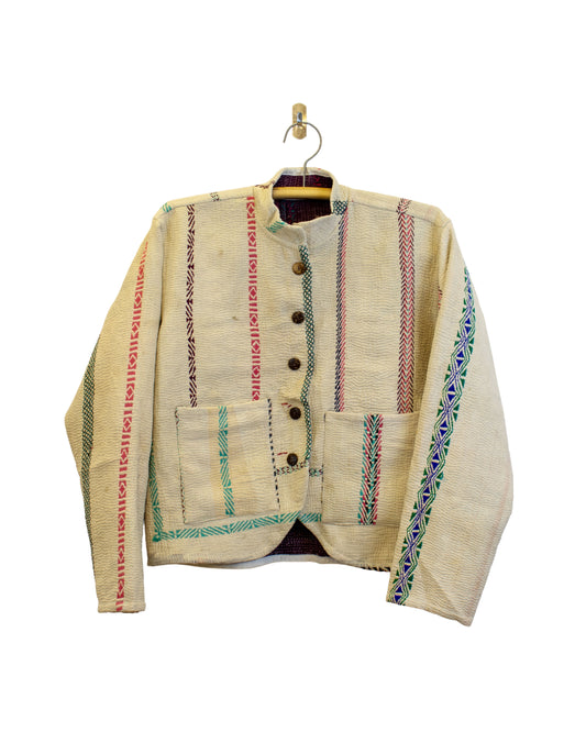 One-Of -A -Kind Reversible Hand Quilted Jacket- Short Stand Collar Style