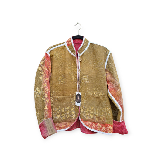 One-Of -A -Kind Reversible Hand Quilted Jacket- Short Stand Collar Style