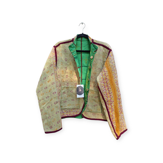 One-Of -A -Kind Reversible Hand Quilted Jacket- Short Stand Collar Style