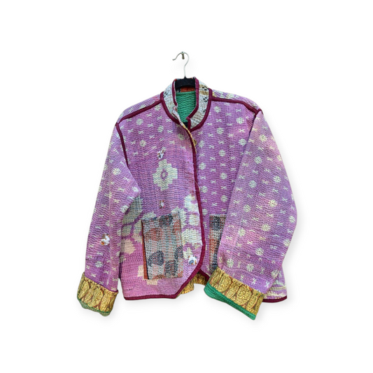 One-Of -A -Kind Reversible Hand Quilted Jacket- Short Stand Collar Style