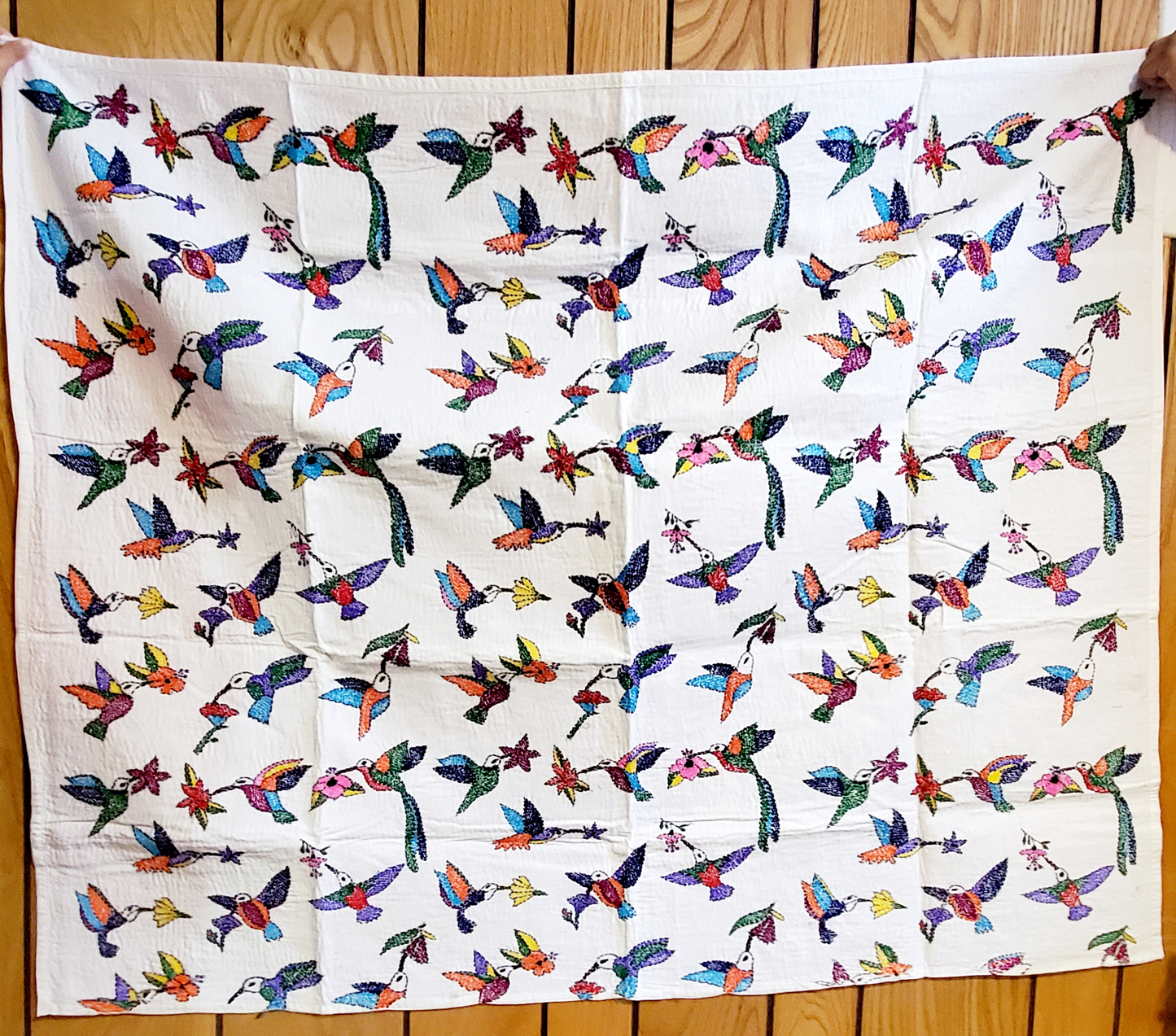 Hummingbird Feeding on Flower Nectar Hand Embroidered Tapestry