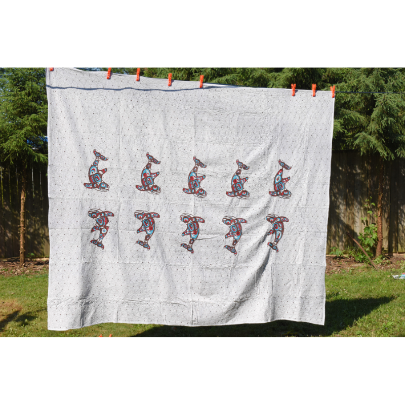 Hand Embroidered Kantha Quilt Indigenous Salmon